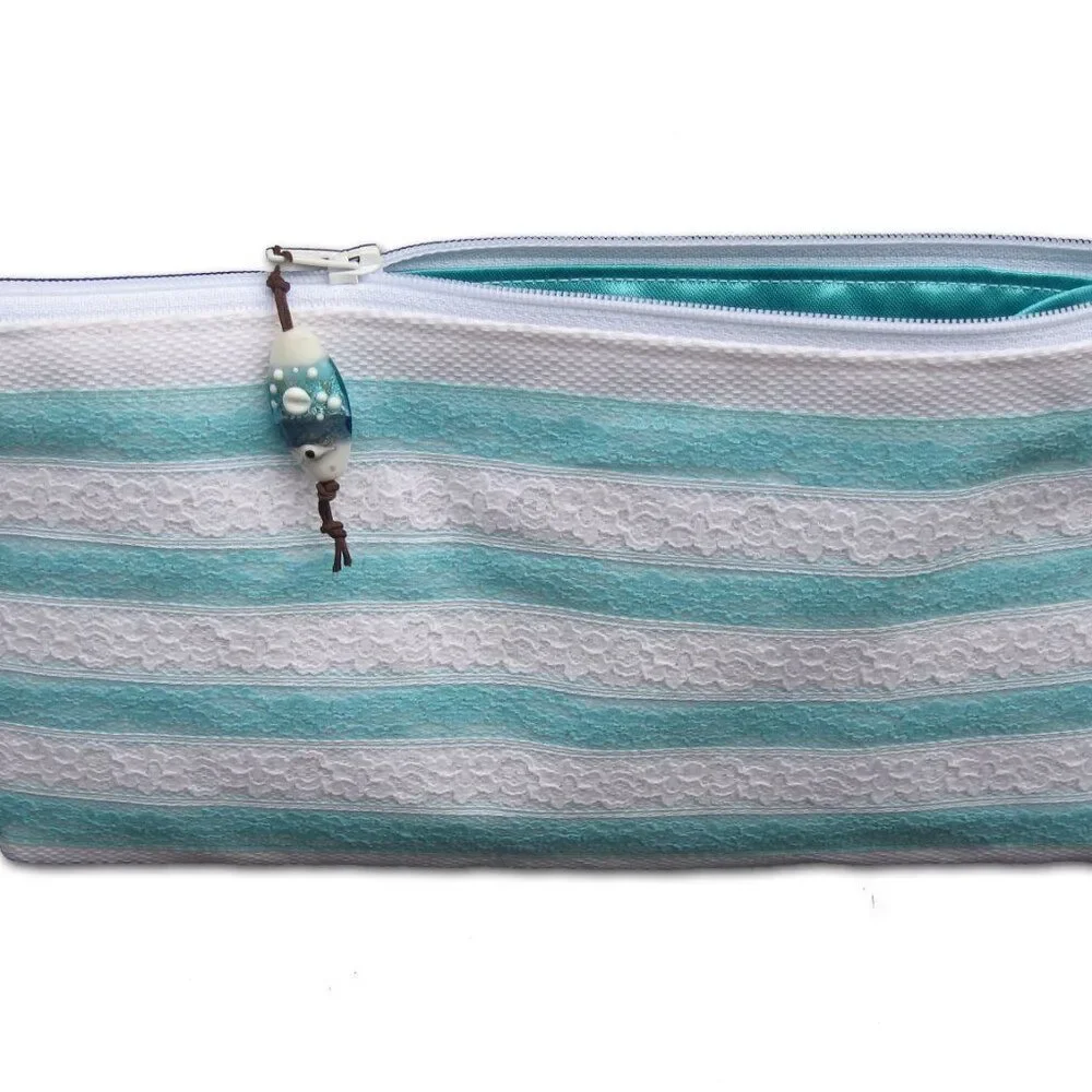 Set of 2 Blue Lace Zippered Clutch Makeup Bag Storage Pouch Pencil Case NEW